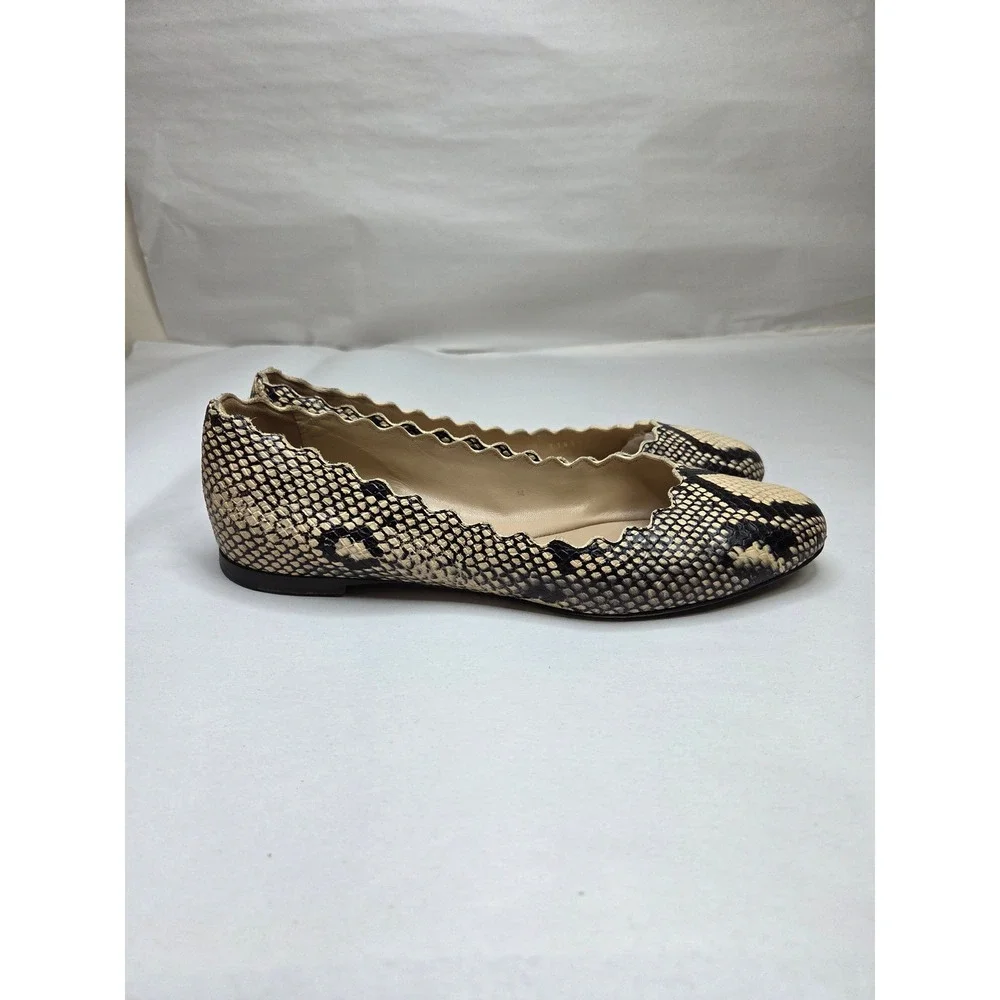 Chloé Lauren Snakeskin Scalloped Ballet Flats Brown Cream EU 37 US 7